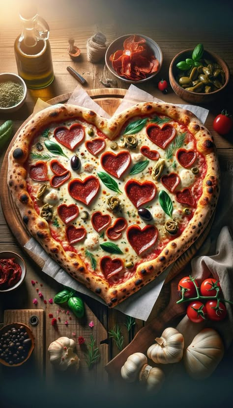 Experience the magic of romance with every delicious bite of this heart-shaped pizza. Perfect for Valentine's Day or any special occasion, this culinary creation is topped with premium mozzarella, charming pepperoni hearts, and an array of gourmet ingredients like sun-dried tomatoes, artichokes, and olives. Each slice is a celebration of homemade love, transforming your kitchen into the ultimate romantic haven. Impress your special someone with this exquisite pizza and create unforgettable memories. Pizza Night Party, Pizza Photography, Pizza Pictures, Shaped Pizza, Heart Pizza, Heart Shaped Pizza, Artisan Pizza, Gourmet Pizza, Pizza Flavors