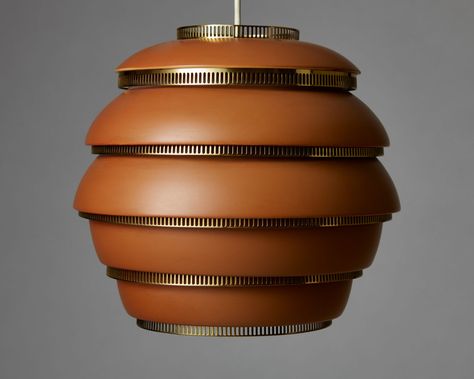 Ceiling lamp 'Beehive' model A331 designed by Alvar Aalto for Valaistustyo, — Modernity Beehive Pendant Light, Wuwa Aalto, Beehive Ceramics, Experimental House Alvar Aalto, Bauhaus Ceiling Lamp, Brown Paint, Pendant Light Design, Brass Accents, Light Fittings