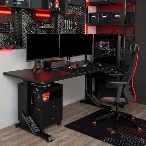 Ikea Gaming Desk, Game Setup, Pegboard Accessories, Pc Table, Bedroom Setup, Desk And Chair Set, Gaming Room Setup, Gamer Room, Drawer Unit