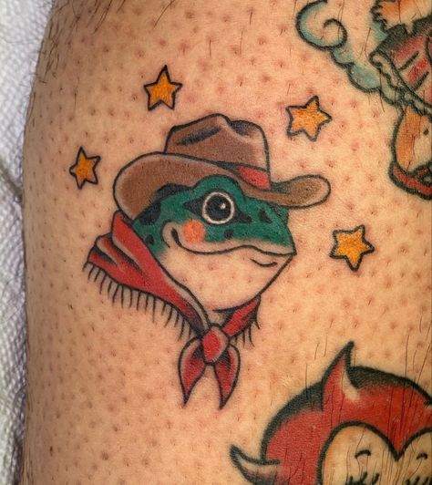 Frog With Cowboy Hat, Cowboy Hat Tattoo, Hat Tattoo, Tattoos Instagram, Cowboy Tattoos, Frog Tattoos, 100k Followers, Traditional Tattoo Flash, Tattoo Placement