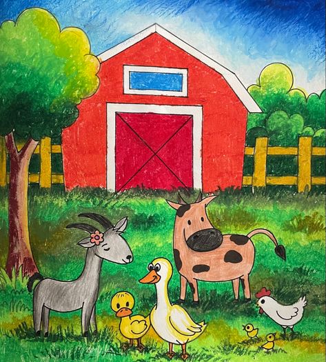 Farm Animals Drawing Easy, Farm Easy Drawing, Farm Drawing Easy, Farming Drawing, Easy Dinosaur Drawing, Farm Animals For Kids, Farm Drawing, Drawing Pictures For Kids, House Drawing For Kids