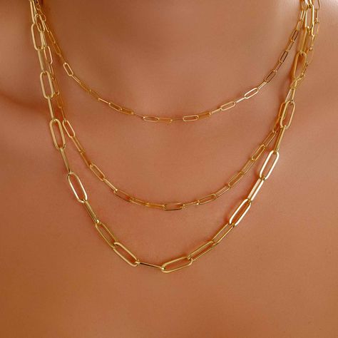 Paper Clip Gold Necklace, Paperclip Necklace Layering, Gold Paperclip Necklace, Gold Neck Chain, Paper Clip Chain Necklace, Paper Clip Necklace, Dainty Cross Necklace, Jewelry Stacking, Paperclip Chain Necklace