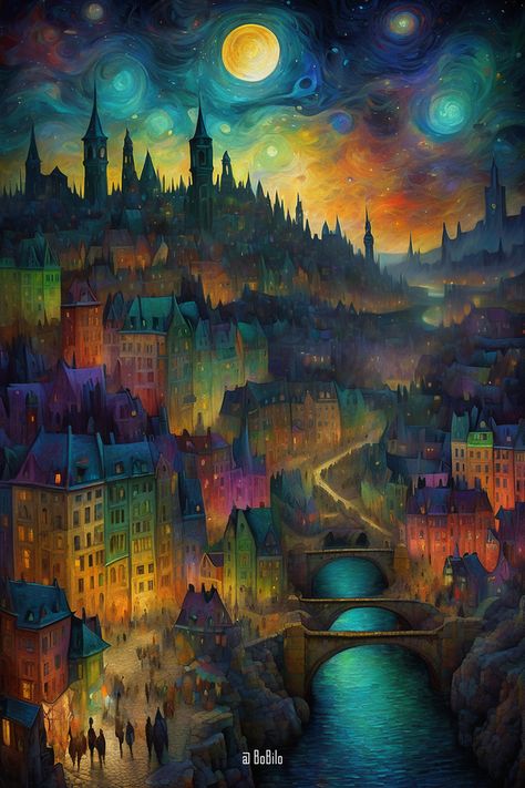 Discover Enchanting Medieval Cityscapes - Bobilo Art Medieval Town Art, Fantasy Cityscape, Medieval Towns, Temple Wall Art, Whimsical Art Paintings, Black Canvas Paintings, Art Gallery Wallpaper, Unusual Art, Fantasy City