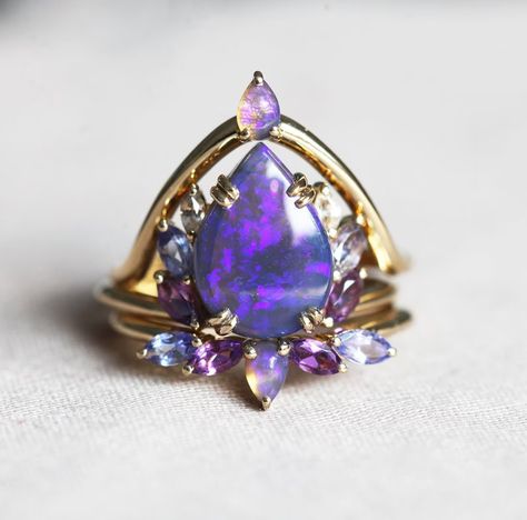 Raiven Black Opal Ring Set Unique Purple Opal Engagement Set - Etsy Australia Black Opal Engagement Ring, Opal Engagement Ring Set, Purple Opal, Unique Opal, Black Gold Ring, Black Opal Ring, Opal Wedding Rings, Bespoke Engagement Ring, Engagement Sets