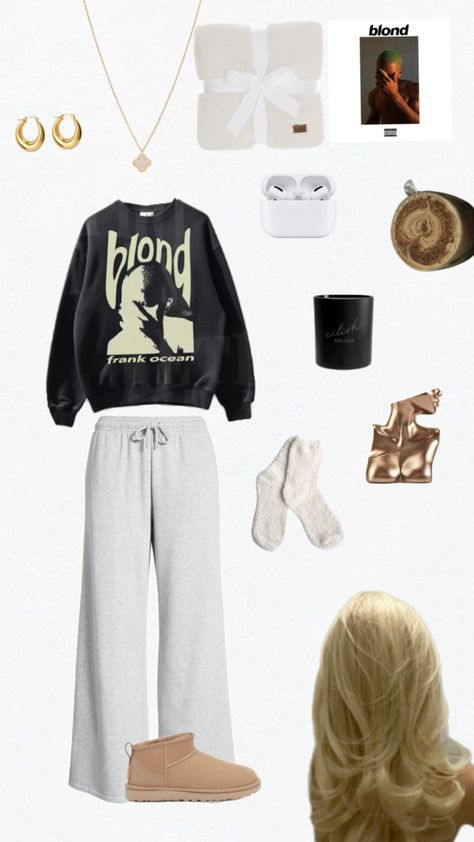 frank ocean, blonde, blonded, cozy outfit, sweats outfit, aesthetic outfit, night in, loungewear, cozy, gold jewelery, frank ocean girls, chanel, eilish, uggs, channel orange, cayendo Sweats Outfit Aesthetic, Frank Ocean Outfits, Ocean Girl Aesthetic, Frank Ocean Blonde, Ocean Outfits, Girl Aesthetic Outfits, Channel Orange, Sweats Outfit, Ocean Girl