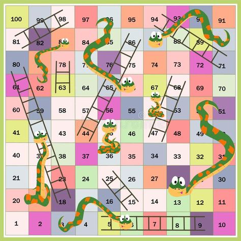 Snakes and ladders boardgame for children. Cartoon style. Vector illustration royalty free illustration Printable Snakes And Ladders, Snake Ladder Game Design, Snakes And Ladders Template, Snake And Ladder Game, Snakes And Ladders Printable, Snake And Ladder, Snakes And Ladders Game, Snake Ladder, Math Stem Activities