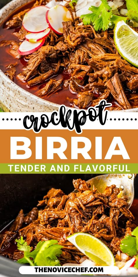 Tender and exploding with flavor, this authentic Crockpot Birria recipe is packed with dried chiles and spices for an addictively spicy sauce. Served as birria tacos or in burrito bowls, it's a perfect easy dinner! Crockpot Birria, Barrio Tacos, Mexican Birria Recipe, Beef Birria Recipe, Birria Recipe, Birria Tacos, Mexican Beef, Burrito Bowls, Crockpot Recipes Beef