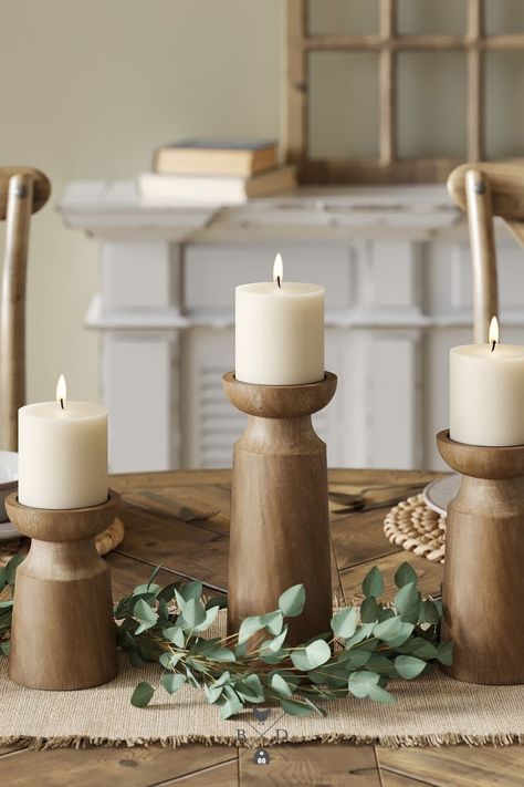 Barnyard Designs Rustic Pillar Candle Holder Stands: Decorate and create a peaceful ambiance anywhere in your home with this set of 3 pillar candle holders. The different heights of our Ava Collection candlesticks make it easy to display them together or separately as table centerpiece decor. Vintage Wooden Candle Holders, Wedding Candle Holder, Farmhouse Candle Holders, Wooden Candlesticks, Stick Decor, Wooden Candlestick Holders, Candle Stick Decor, Pillar Holders, Elegant Candles