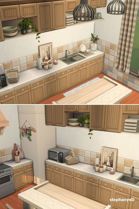 English Cottage Kitchen in The Sims 4 created this room with CC Sims 4 Cottage Interior, Kitchen The Sims 4, Scandinavian Cottage Style, English Cottage Kitchens, Sims 4 Cottage, Scandinavian Cottage, Cottage Style Kitchen, Cottage Interior, Cottage Kitchen