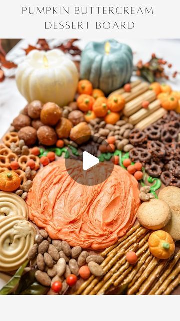 Janine Graff on Instagram: "Pumpkin Buttercream Dessert Board 🎃 is a creative and delicious presentation for your snacks and treats, adding a touch of seasonal charm to your spread.  Elevate your presentation by adding pumpkin-themed candles for an extra touch of autumnal ambiance!   #buttercreamboard #entertainingideas #falldessert #dessertboard #halloween" Fall Buttercream Board, Buttercream Dessert Board, Thanksgiving Buttercream Board, Fall Dessert Board Platter, Pumpkin Butter Board, Buttercream Board Ideas, Buttercream Charcuterie Board, Pumpkin Theme Charcuterie Board, Thanksgiving Themed Charcuterie Board