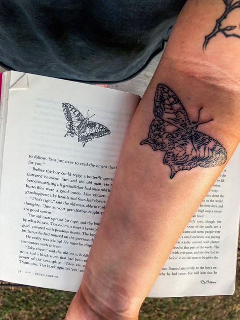 Alchemist Book Tattoo, Paulo Coelho Tattoo, Good Omen Tattoo, Alchemist Tattoo Paulo Coelho, The Alchemist Tattoo, Alchemist Tattoo, Good Omens Tattoo Ideas, Good Omens Tattoo, Moth Tattoo