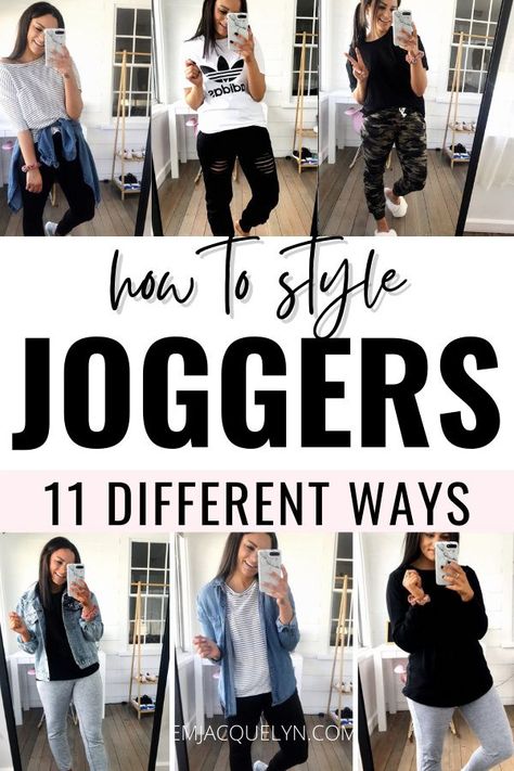 Click to see 11 different ways to style joggers! l amazon fashion 2020 l joggers outfit casual l joggers outfit women Cute Casual Jogger Outfit, T Shirt And Joggers Outfit Women, Drawstring Joggers Outfit, Zyia Joggers Outfit Dressy, Black Joggers Spring Outfit, Sports Casual Outfits Women, Dress Up Joggers Outfit Women, Sporty Teacher Outfits Casual, Casual Work Outfits Joggers