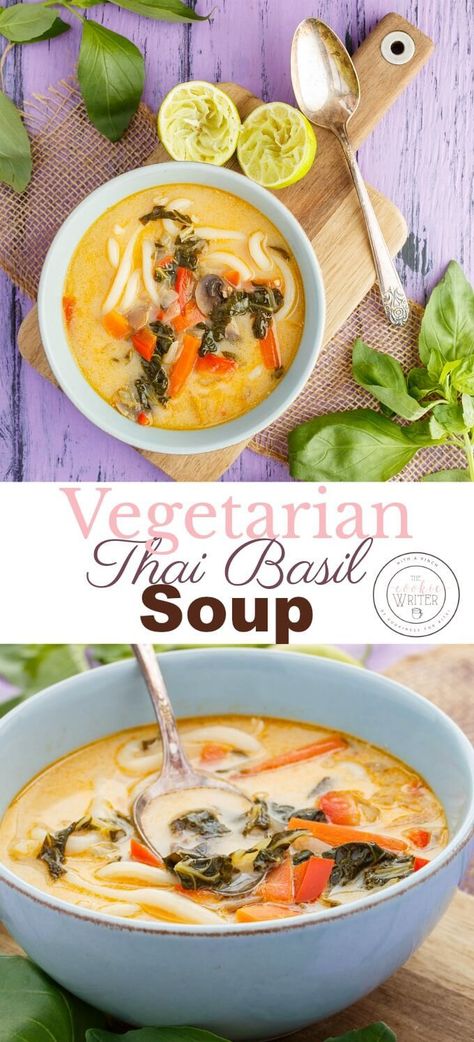 (Inauthentic) Vegetarian Thai Basil Soup | Vegan and gluten-free friendly, this soup is super easy to make and packed full of flavours! Seriously tastes better the more days it sits in the fridge! Feel free to add all the veggies you like, and the use of coconut is up to you (but I love it!) #2meals1recipe #vegan #veganfood #recipe #vegetarian #glutenfree #healthy #healthyfood #soup Thai Basil Soup, Thai Basil Recipes, Hearty Vegetarian Soup, Healthy Thai Recipes, Leftover Turkey Soup, Vegetarian Thai, Turkey Soup Recipe, Basil Recipes, Basil Soup