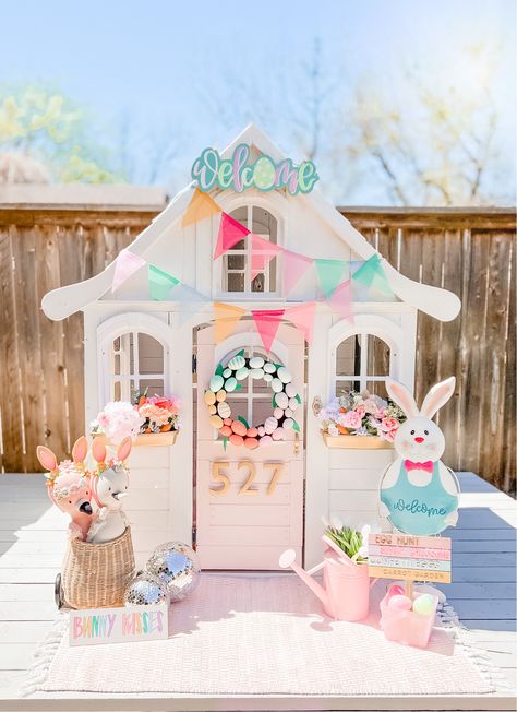 Painted Playhouse, Playhouse Remodel, Valentines Minis, Modern Easter Decor, Playhouse Decor, Diy Kids Playground, Kids Playhouse Outdoors, Easter Photoshoot, Backyard Kids Play Area