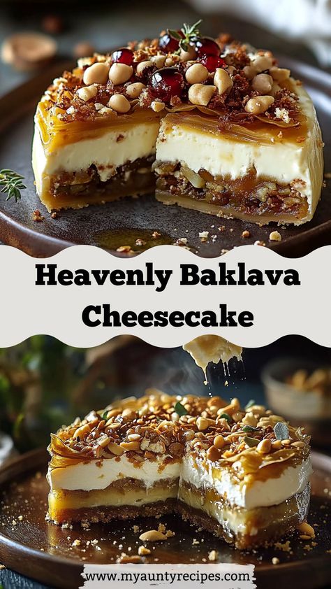 Treat yourself to a slice of heaven with this Baklava Cheesecake recipe! Combining traditional baklava ingredients with a rich, creamy cheesecake, this dessert is sure to impress your guests and satisfy your sweet tooth. Baklava Cheesecake Recipe, Baklava Cheesecake, Baking Stuff, Phyllo Dough, Slice Of Heaven, Vanilla Yogurt, Creamy Cheesecake, Cheesecake Recipe, Baklava