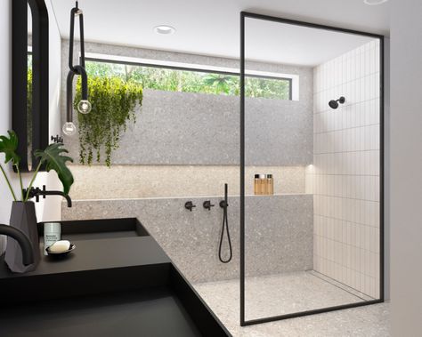 Doorless Showers Walk In, Doorless Shower, Standing Shower, Bathroom Plan, Window In Shower, Black Countertops, Bathroom Photos, Boys Bathroom, Renovation Design