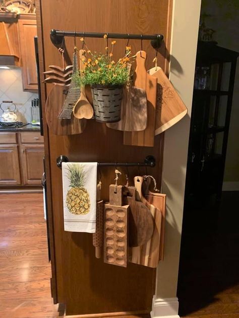 Cabinet Door Charcuterie Board, Charcuterie Board Kitchen Island, Charcuterie Board Storage, Hang Charcuterie Board On Wall, Farmhouse Kitchen Vegetable Storage, Farmhouse Kitchen Knife Block, Board Storage, Kitchen Island Decor, Kitchen Counter Decor