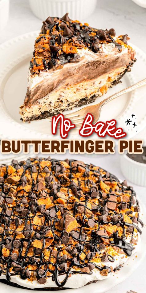 This No Bake Butterfinger Pie is a decadently layered chilled dessert that has an Oreo crust and lots of chopped Butterfinger candy bar pieces! Prep this incredibly delicious dessert in just 20 minutes! Butterfinger No Bake Pie, Dessert Auction Recipes, No Bake Butterfinger Pie, Butterfinger Salad, Butterfinger Dessert Recipes, Butterfinger Pie Recipe, Candy Bar Pie, Butterfinger Dessert, Butterfinger Recipes