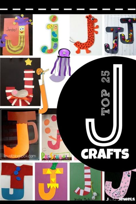 TOP 25 Letter J Crafts - super cute crafts including jester, jelly bean, jaguar, jelly bean, jesus, jug, juggler, jacket, jack o lantern, jingle bells, jewel, jelly fish, juice, and more! These alphabet crafts are great for toddler, preschool, prek, and kindergarten age kids #alphabet #lettercrafts #preschool Letter I Crafts, Letter J Activities, Letter J Crafts, Preschool Letter Crafts, Prek Crafts, Alphabet Crafts Preschool, Abc Crafts, J Craft, Alphabet Letter Crafts