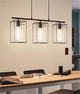 Triple Bar Light with Cylindrical Glass and Steel Box Frame Linear Pendant Lighting, Matte Black Kitchen, Glass Ceiling Pendant, Bar Ceilings, Black Ceiling Lighting, Black Kitchen Island, Luminaire Vintage, Cage Pendant Light, Contemporary Ceiling Light