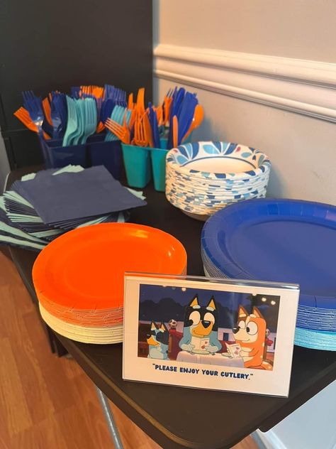 Bluey Themed Birthday Snacks, Bluey Birthday Party Pizza, Bluey Lunch Ideas, Bluey Drink Ideas, 3rd Birthday Party Bluey, Bluey Bday Party Ideas, Adult Bluey Party, Bluey Inspired Food, Simple Bluey Birthday Party Ideas