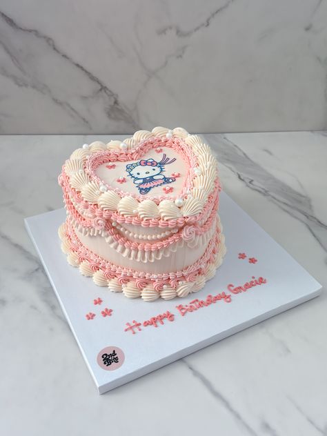 Sanrio Heart Cake, Hello Kitty Graduation Cakes, Hello Kitty Heart Cake, Pink Heart Cake, Heart Cake Decoration, Sanrio Party, Vintage Heart Cake, Graduation Dinner, Buttercream Decorating