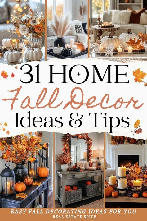 Transform your home into a cozy autumn haven with my comprehensive fall decor guide! Find fall decor ideas and lighting suggestions for your living room, bedroom, entryway, and more. Use these fall decorating tips to help set the perfect fall ambiance. Learn how to easily refresh your spaces for the season and style your tables with stunning tablescapes and fall trays. Don't forget the porch—extend the autumnal vibes outdoors with welcoming fall home decor! RealEstateSpice.com Thanksgiving House Decor, Fall Candlesticks, Fall Ambiance, Fall Eats, Fall Tray, Thanksgiving Home Decor, Autumn Cottage, Fall Decorating Ideas, Easy Fall Decor