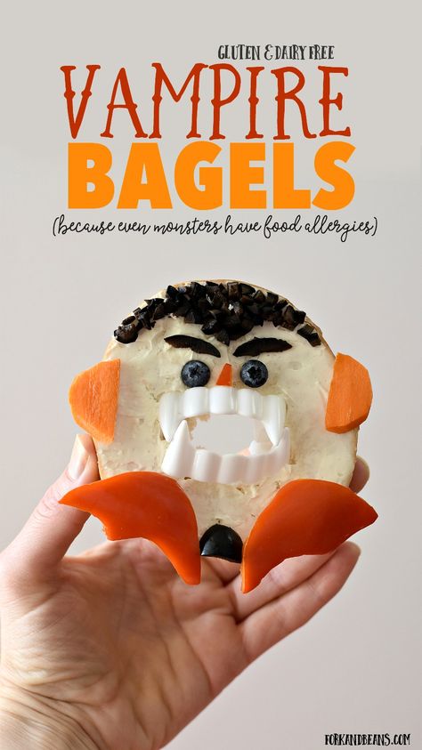 Turn an ordinary breakfast food into allergen-friendly Vampire Bagels this Halloween. Your kids will beg for a BITE over and over again! Vampire Breakfast, Gluten Free Halloween Treats, Vegan Halloween Food, Gluten Free Halloween, Beans Recipes, Halloween Breakfast, Child Nutrition, Vegan Halloween, Vegan Breakfasts