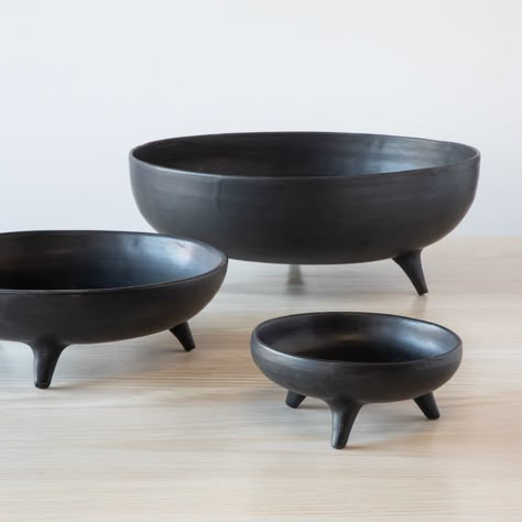 Tripod Bowls in Ebony – Comerford Collection Black Pottery, Tripod Vessel Ceramics, Footed Bowl, Raised Bowl Ceramic, Pottery Bowls Handmade Contemporary, Concentric Bowls, Ceramic Bowls Handmade Contemporary, Black Ceramic Bowl, Oversized Coffee Table