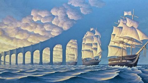 Artist-Rob Gonsalves  The boat pattern turns into a bridge. Robert Gonsalves, Optical Illusion Paintings, Amazing Optical Illusions, Illusion Kunst, Illusion Paintings, Optical Illusions Art, Magic Realism, Max Ernst, Hur Man Målar