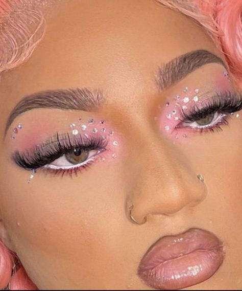 Pink Bday Makeup Looks, Light Pink Makeup With Gems, Barbie Pink Makeup Looks Black Women, Prom Makeup Looks Pink, Pink Diamond Makeup Looks, Prom Makeup With Pink Dress, Pink Bday Makeup, Pink And Silver Makeup Looks Black Women, Pink Prom Makeup Looks Black Women