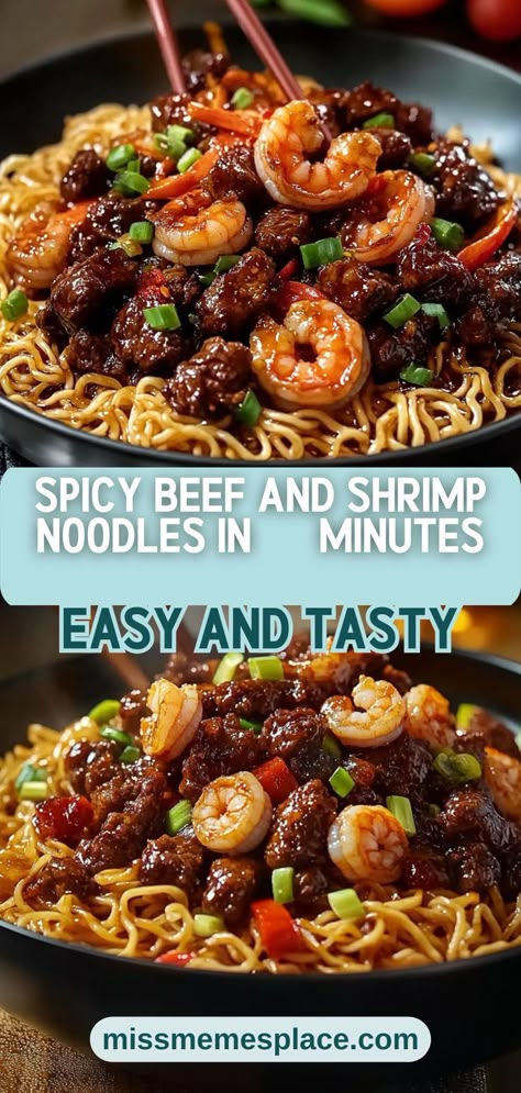 Enjoy a restaurant-quality meal at home with our Spicy Beef and Shrimp Noodles Recipe! This dish combines crispy chili beef, plump shrimp, and egg noodles tossed in a zesty sauce that packs a flavorful punch. With preparation and cooking taking only 30 minutes, you can have a satisfying dinner on the table in no time. Perfect for spice lovers, it’s a culinary journey through Asian flavors that’s sure to become a family favorite. Don’t miss out on this quick and delicious meal! Shrimp Ramen Noodle Bowl Recipes, Noodles And Shrimp Recipes, Spicy Korean Food Recipes, Shrimp And Beef Recipes, Restaurant Meals At Home, Vercimilli Noodles Recipes, Shrimp And Noodle Recipes, Dinner For 2 Ideas Easy, Chinese Food Recipes Noodles