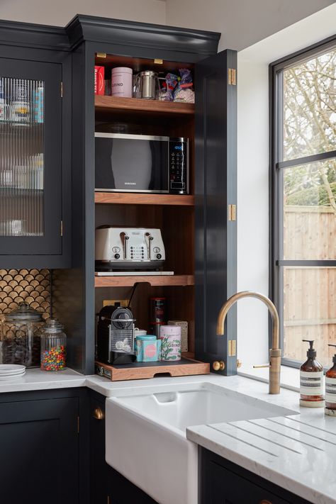 Breakfast Cupboard, Tea Cupboard, Room Dressers, Cupboard Living Room, Corner Cupboards, Dresser In Living Room, Herringbone Kitchen, Corner Cupboard, Narrow Kitchen