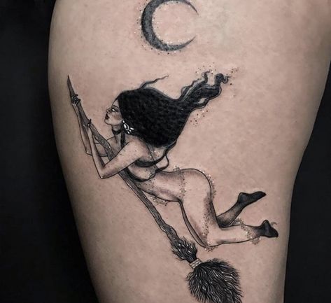 Witch Tattoo Thigh, Naked Witch Tattoo, Flying Witch Tattoo, Witchy Thigh Tattoo, Witch Pinup Tattoo, Witch Pin Up Tattoo, Moon Witch Tattoo, Witch Tatoos, Magic Tattoo Witches