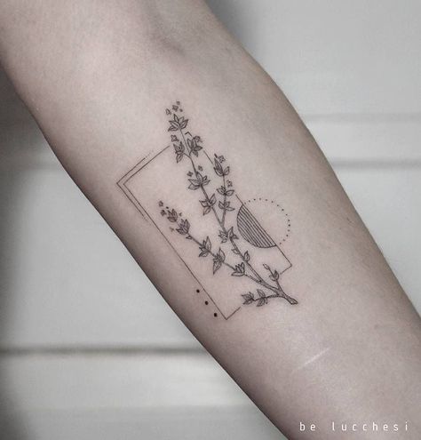 Thyme Flower Tattoo, Thyme Tatoos, Easy To Hide Tattoos, Minimalist Line Tattoo, Geometric Floral Tattoo, Thyme Flower, Bamboo Tattoo, Framed Tattoo, Muster Tattoos