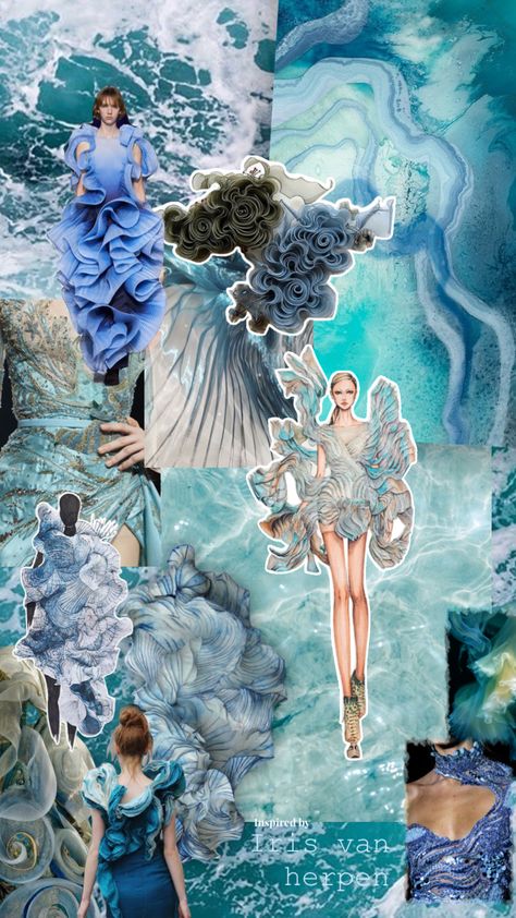 #water #irisvanherpen #art #fashion #bodyadornment #blue #moodboard #artinspo Sea Collection Fashion, Collage Art Fashion Design, Water Inspired Fashion Mood Board, Jellyfish Moodboard Fashion, Ocean Mood Board Fashion, Fashion Illustration Moodboard, Sea Inspired Fashion Illustration, Under The Sea Fashion Mood Board, Ocean Inspiration Board