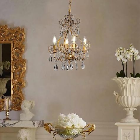 ALOADECOR 4-Light W14 in. French Country Chandelier Antique Gold Small Crystal Chandeliers for Dining Room Vintage Swag Lamp Candle Gothic Chandelier with Crystal Teardrop Beads for Bedroom Foyer - Amazon.com Small Crystal Chandelier, Gothic Chandelier, Candlestick Chandelier, Floral Bath Towels, French Country Chandelier, Brass Vanity Light, Gold Bed, Gold Candle Sticks, Swag Lamp