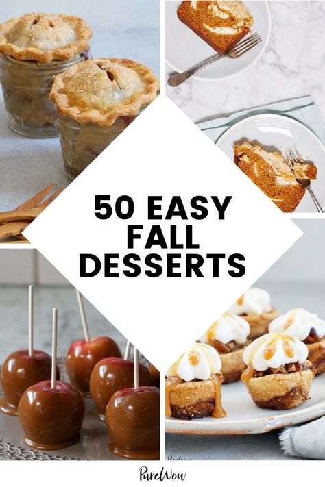 Whipping up a seasonal treat doesn’t have to be difficult. Here are 50 of our favorite fall dessert recipes that also happen to be shockingly easy to make. #fall #desserts #recipes Harvest Desserts Easy, No Pumpkin Fall Desserts, October Treats To Make, Mini Autumn Desserts, Fall Wedding Shower Desserts, Cute Fall Desserts Halloween Party, Easy Fast Fall Desserts, Fun Unique Desserts, Easy Individual Fall Desserts