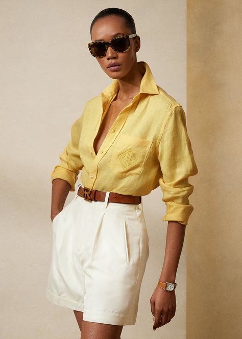 Yellow Shirt Outfit, Linen Shirt Outfit, Taffeta Skirt, Shirt Drawing, Classic Menswear, Women Ralph Lauren, Feminine Chic, Modern Feminine, Shorts Outfit