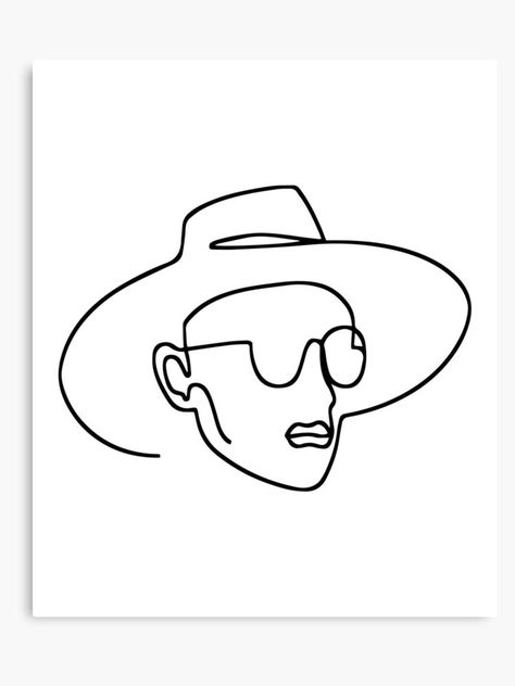 An abstract, one line drawing design, featuring a man wearing a hat and glasses. Perfect for enhancing spaces with simple, minimalistic style. Available on a wide range of clothing, home decor goods and so much more! Man In Hat Drawing, Line Art Drawings Man, Architectural People, Hats Drawing, How To Draw Glasses, Anatomy Sculpture, Minimalist Graphic Design, Simple Line Drawings, One Line Drawing