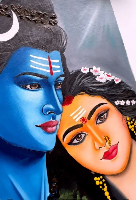 Shivshakti Rangoli Designs, Shiv Ji Oil Pastel Drawing, Shiv Parvati Fabric Painting, Shiv Parvati Rangoli Designs, Shiv Parvati Rangoli, Shiva Parvati Drawing, Shiv Painting, Gauri Shankar, Art Competition Ideas