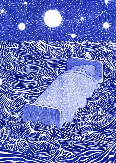 Kevin Lucbert, The Sleeper, Blue Drawings, Blue Artwork, Unusual Art, Blue Poster, Art Et Illustration, Ink On Paper, 로고 디자인