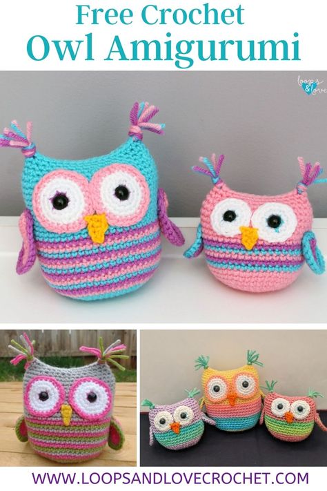 Owl Amigurumi - Free Crochet Pattern Loops & Love Crochet Crochet Squishmallow Pattern Free, Crochet Owl Pattern Free, Crochet Owl Pattern, Yarn Monsters, Owl Crochet Pattern Free, Yarn Toys, Pattern Free Amigurumi, Crochet Bird Patterns, Crochet Owls