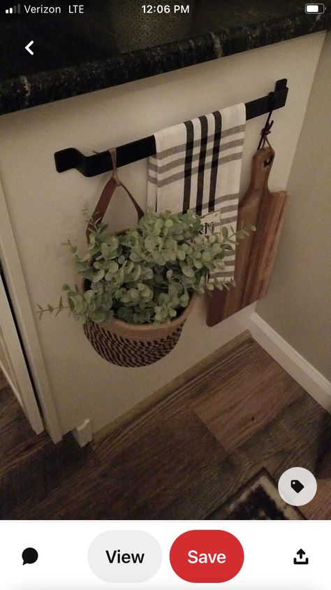 Side Of Kitchen Cabinet Ideas Farmhouse, Farmhouse Stairwell Decor, Kitchen Counter Containers, Farmhouse Apartment Kitchen, Kitchen Towel Bar Decor, Over Doorway Decor Ideas, Old Home Decor Ideas, Non Traditional Kitchen, Side Of Kitchen Cabinet Ideas