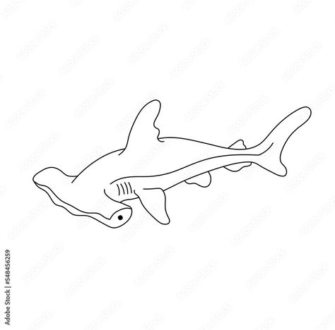 Line drawing of a hammerhead shark Shark Doodle Tattoo, Hammer Head Shark Tattoos Outline, Small Hammerhead Shark Tattoo, Hammerhead Shark Outline, Hammer Head Shark Tattoos, Shark Line Art, Simple Shark Tattoo, Hammer Shark, Hammerhead Shark Tattoo