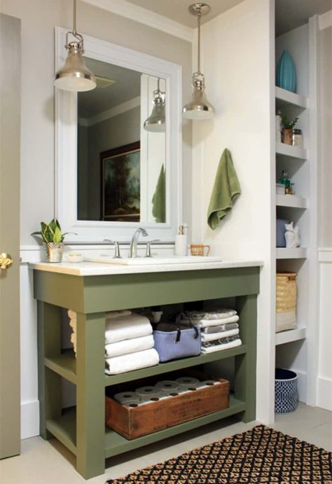 Shelves Organization, Diy Bathroom Design, Green Vanity, Vanity Shelves, Diy Bathroom Vanity, Diy Toilet, Under Sink Storage, Bathroom Storage Shelves, Diy Vanity