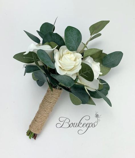 Greenery Bridal Bouquet, Ivory Roses, Eucalyptus Greenery, Bridesmaid Flowers, White Rose, Bridal Bouquet, Roses, Ribbon, White