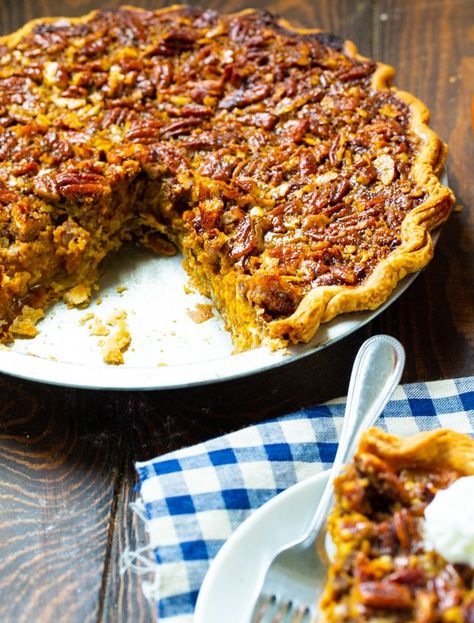 Pecan Pumpkin Pie Recipe, Pumpkin Pie With Pecan Topping, Pumpkin Pecan Pie Recipe, Pecan Pie Thanksgiving, Pecan Pumpkin Pie, Butternut Squash Pie, Pumpkin Cakes, Pecan Pie Crust, Spicy Southern Kitchen