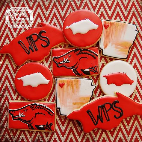 Razorback Party Decorations, University Of Arkansas Cookies, Arkansas Graduation Party, Razorback Cookies, Razorback Cake, Razorback Party, Graduation Tea, Royal Cookies, Baseball Cookies