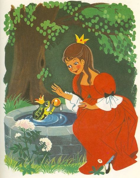 The Frog Prince Princess Face, Fairy Stories, Mid Century Illustration, Grimm Fairy Tales, Childrens Books Illustrations, Frog Prince, Fairytale Illustration, Art Idea, A Frog